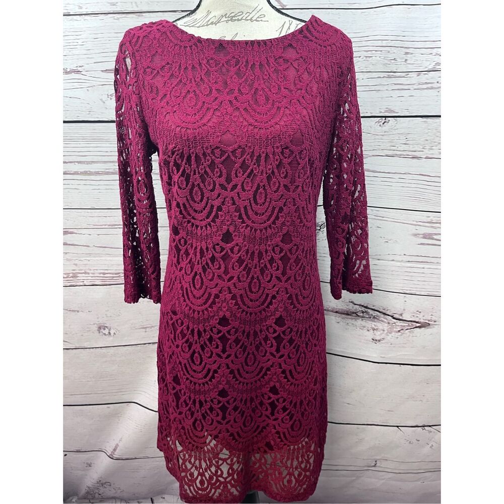 RN Studio by Ronni Nicoli Burgundy Lace 3/4 Sleeve Sheath‎ Dress Women Size 6